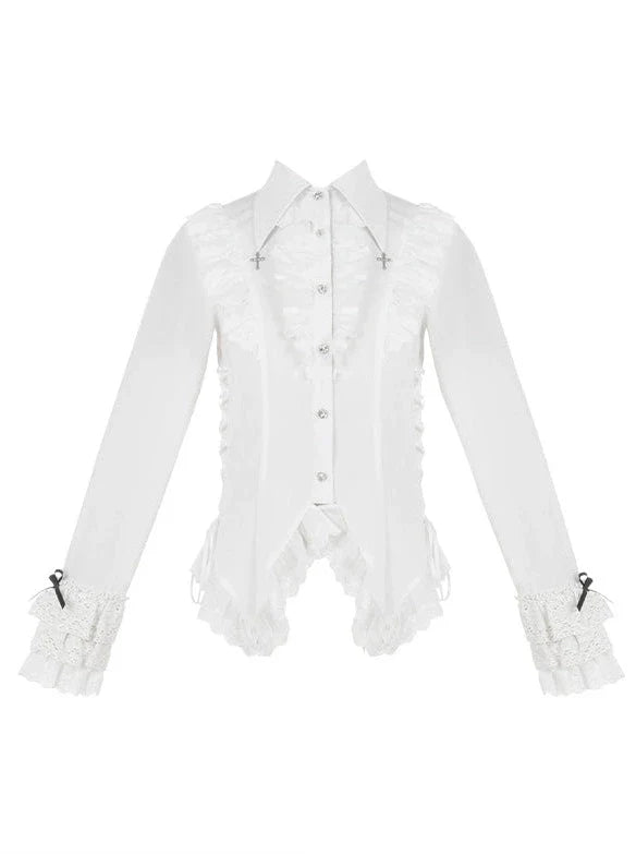 Chemisier en dentelle blanche + veste noire, robe classique noire, style gothique et nuit à volants, voyageuse