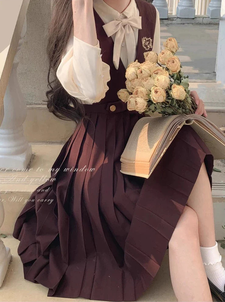 Jupe en mousseline de soie, style ruban, accessoires intérieurs, col en V, chemise crème, gilet d'université