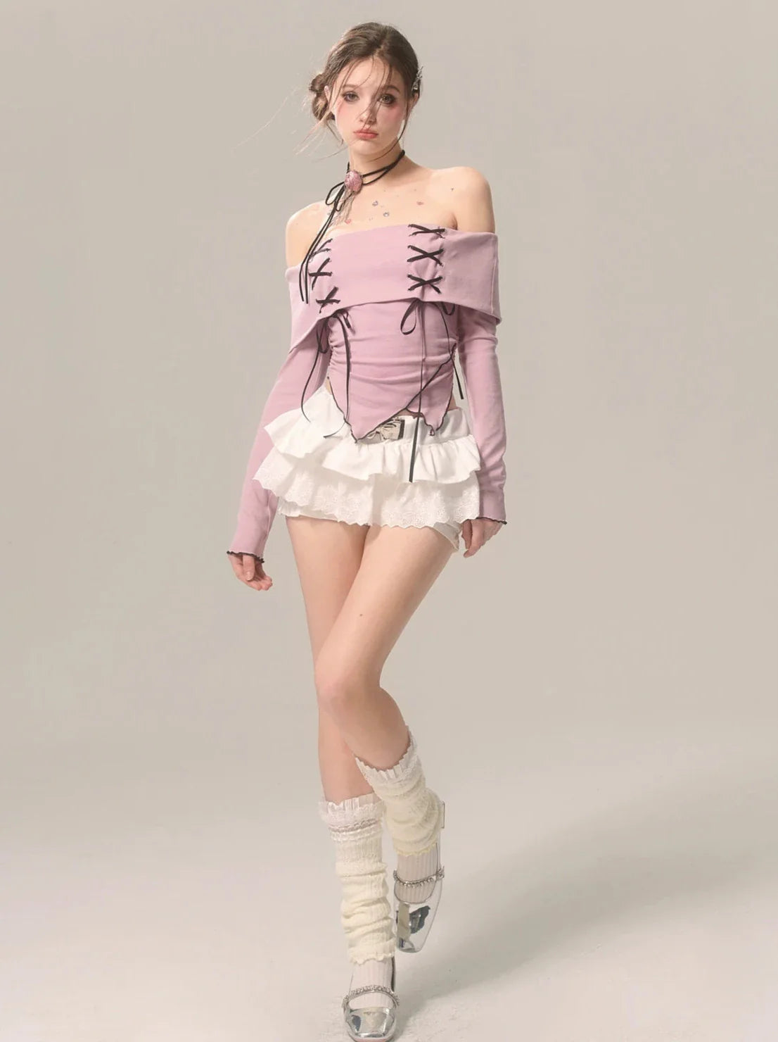 Strap Top Ribbon Off-the-shoulder Ruffle High-end