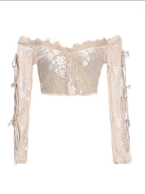Court Strap Lace Ballet Cardigan Tops Häkelärmel innen schulterfrei