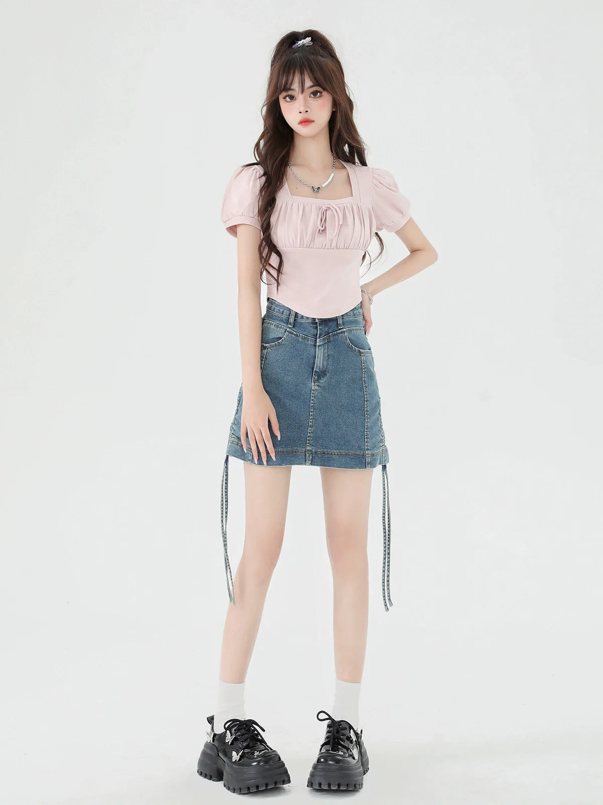 Neck Puff Square Short Top Sleeve