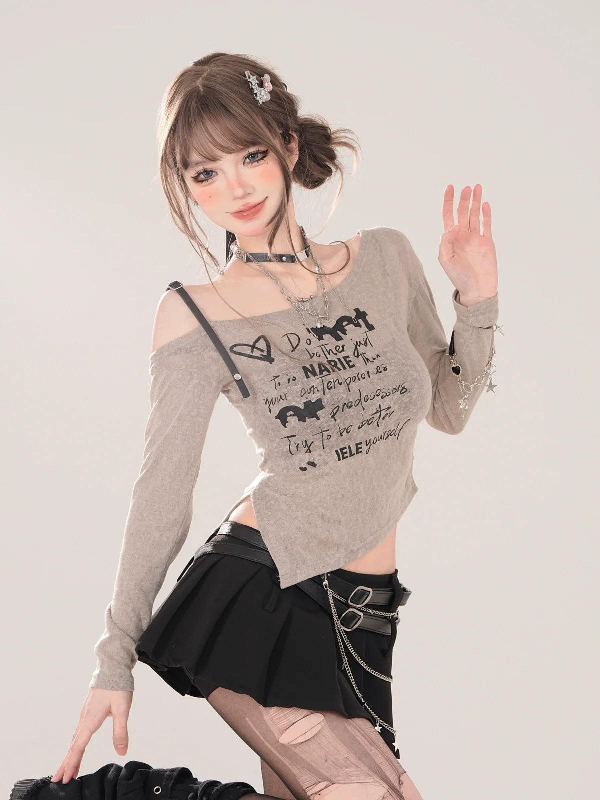 ロングスリットストラップオフショルダーイレギュラーTシアー