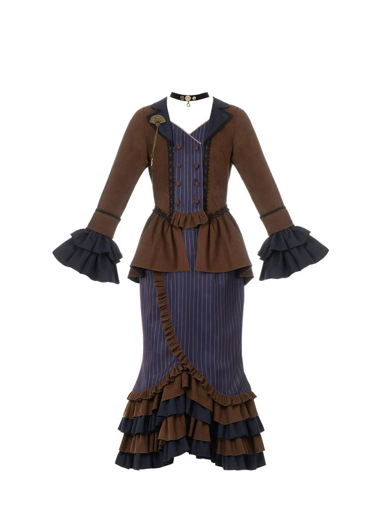 Setup Steampunk Lolita Print Fischschwanz Stickerei
