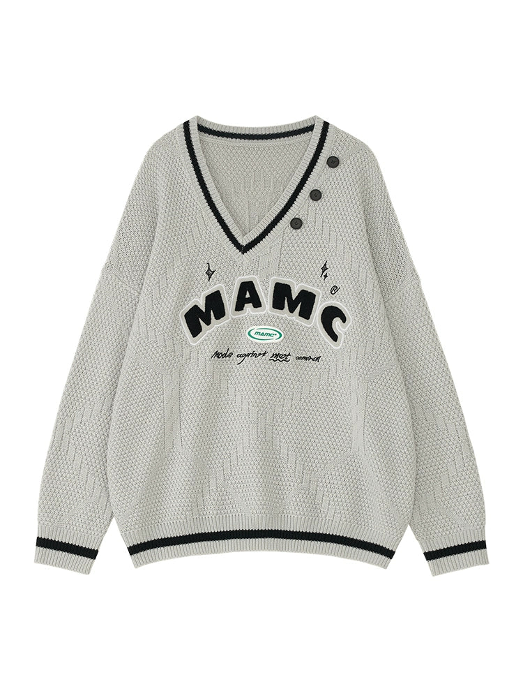 Vネッククールオーバーニットロゴ