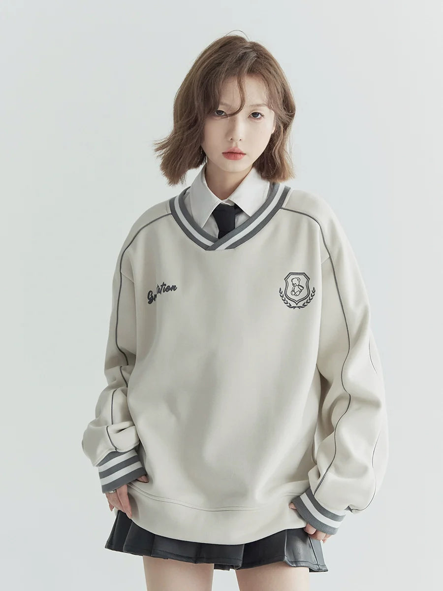 V-Ausschnitt Casual Top Beflockt Locker Sportlich