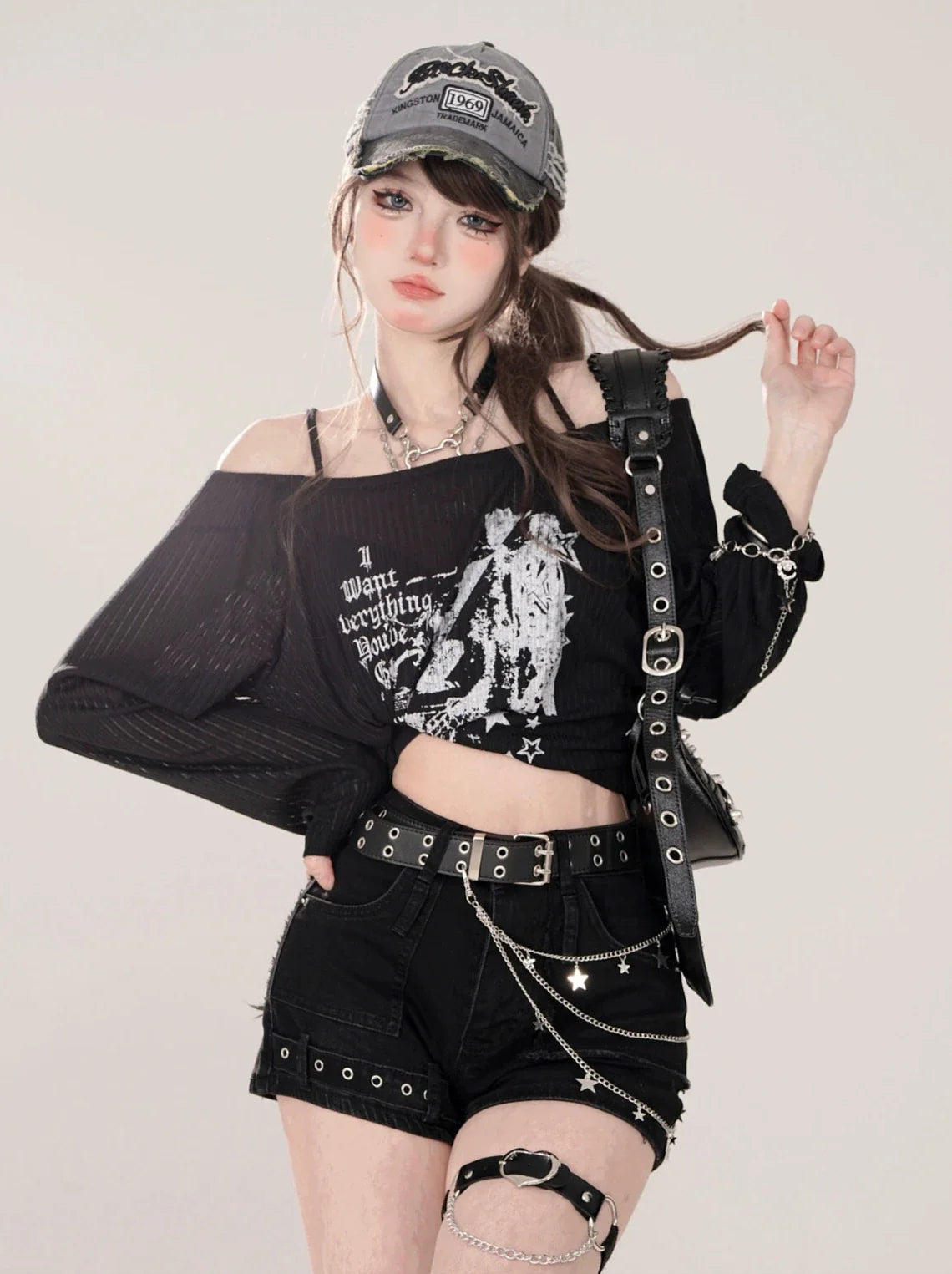 Printed Strap Loose Top Sheer Off-the-shoulder