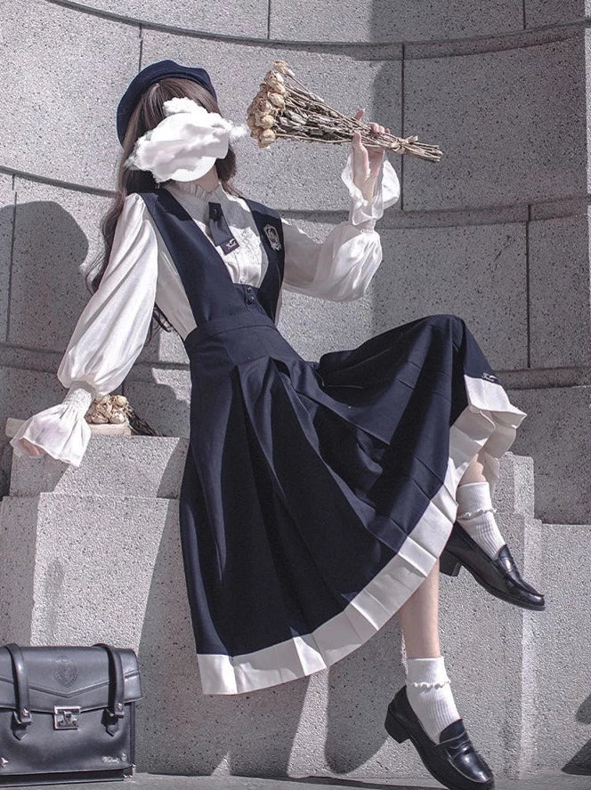 Dress Emblem + Tie + Blouse + Ruffle Retro College Beret Cyan Style Elegant Chiffon