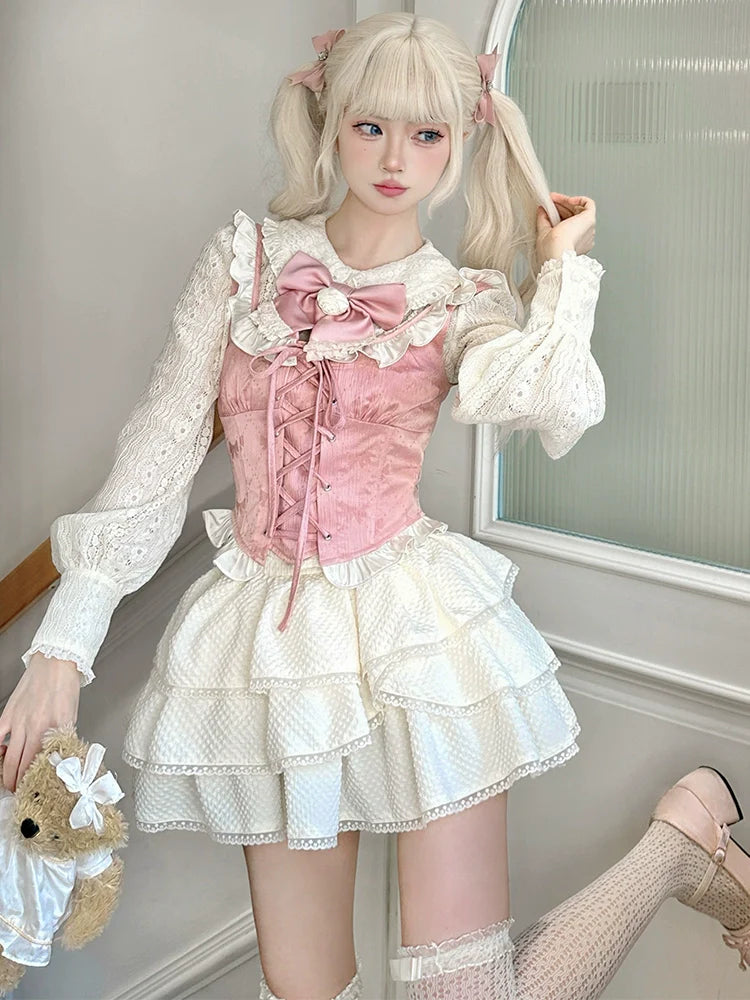 Gilet Fleur + Chemise Princesse + Jupe Gâteau Rose Fille