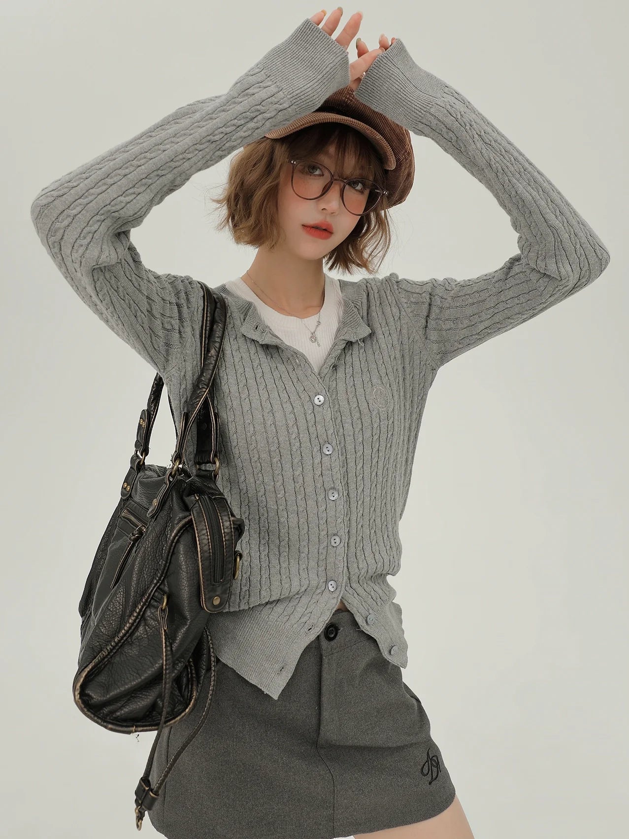 American Retro Round Neck Slim Knit Cardigan