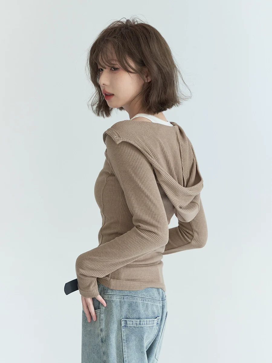 Button Slim Hooded Shoulder Top