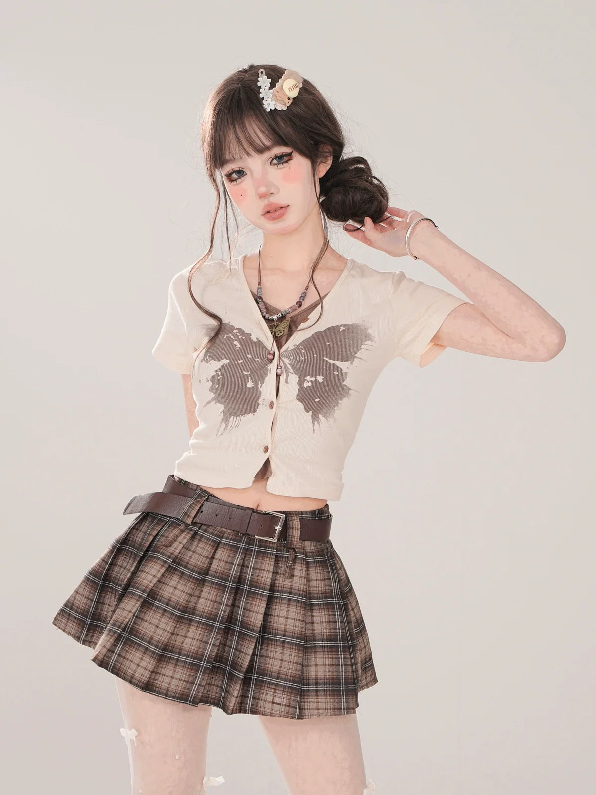 Two Piece Print Top Faux Butterfly Short V-Neck