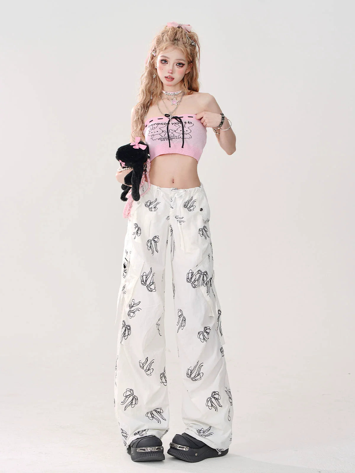 Band Lose Süße Hose Weiß Print Tasche