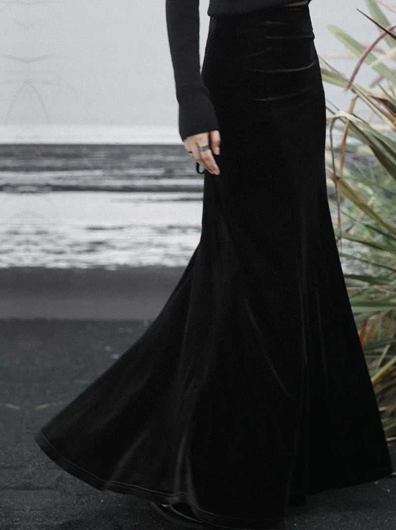 High Mermaid Velvet Black Waist Skirt Retro Back Long Up Lace