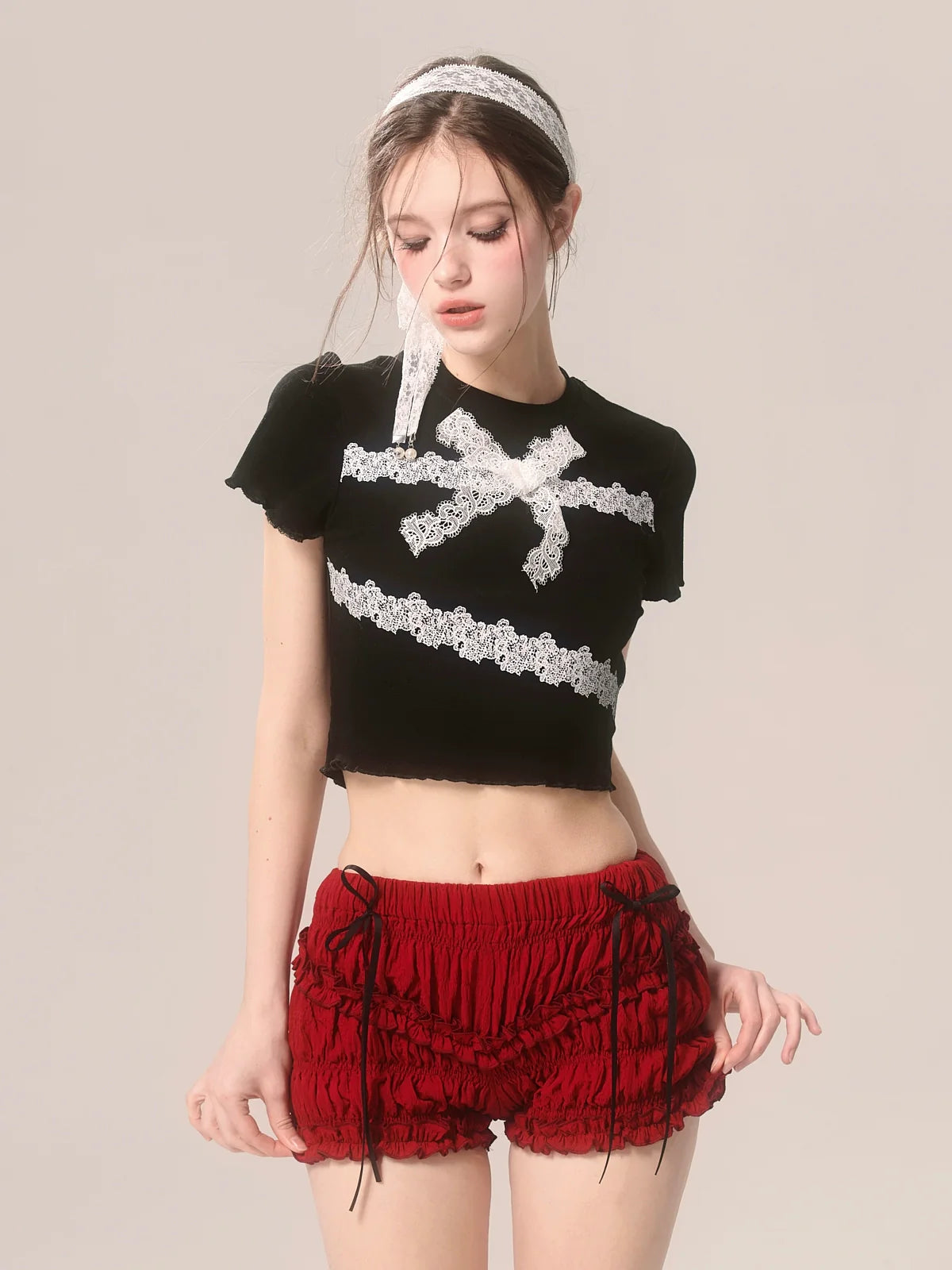 Slim Lace T-Shirt Frill Short Ribbon