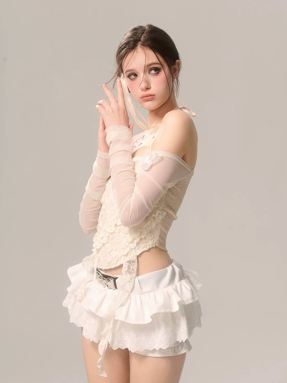 Shoulder Top Sheer Halter Apricot One Sleeve Neck