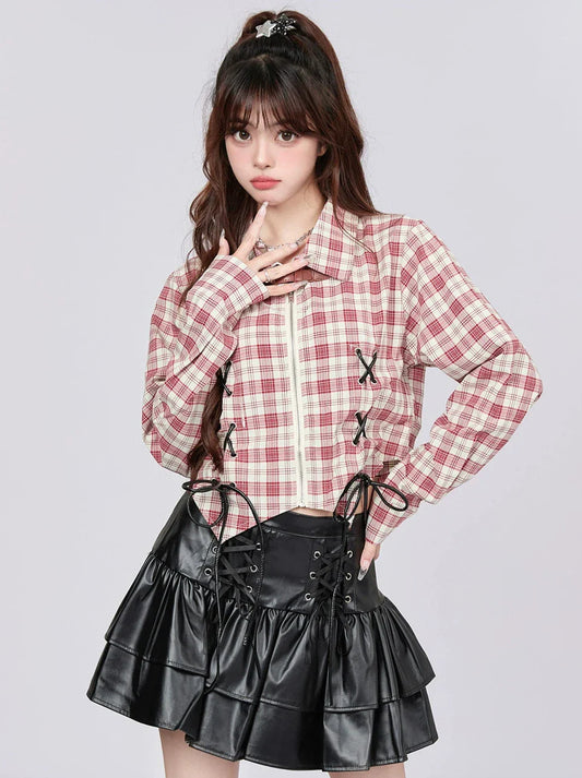 American Check Design Short Shirt Retro Strap