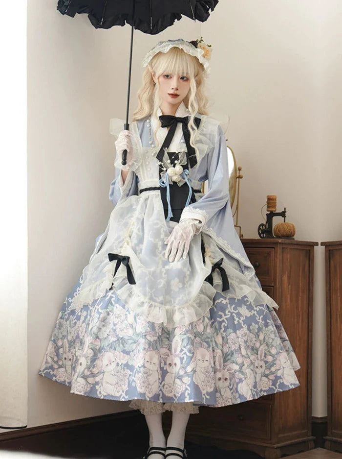 Süßes, bedrucktes Dienstmädchen-Alice-Kostümkleid im japanischen Stil
