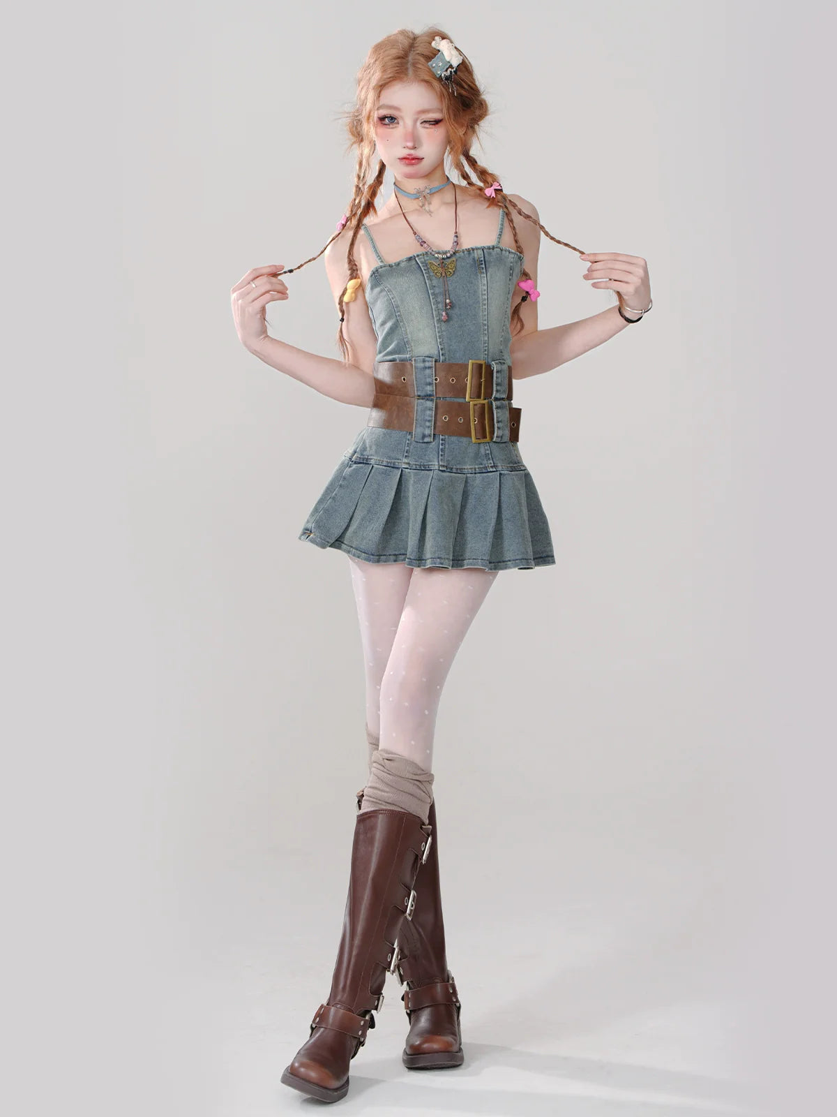 Heißes Retro-Denim-Plissee-Stil-Kleid-Mädchen-Hosenträger