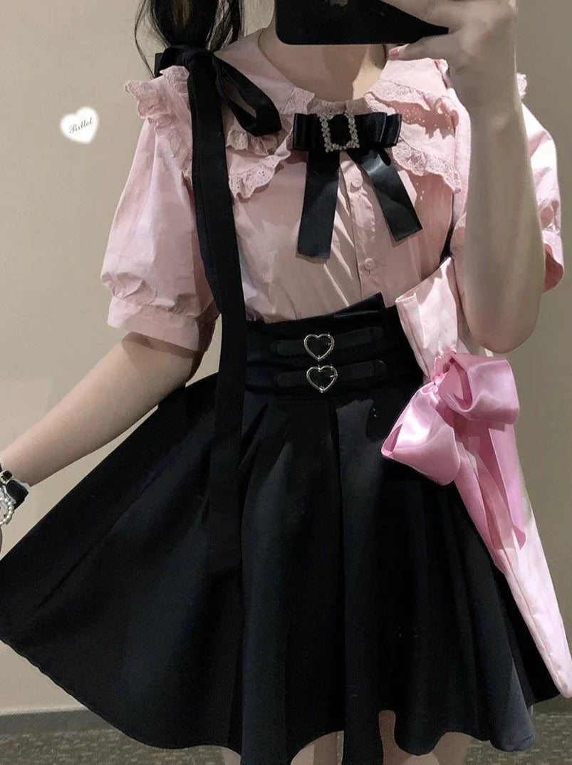 リボンショルダーレザーバックルサスペンダーカート