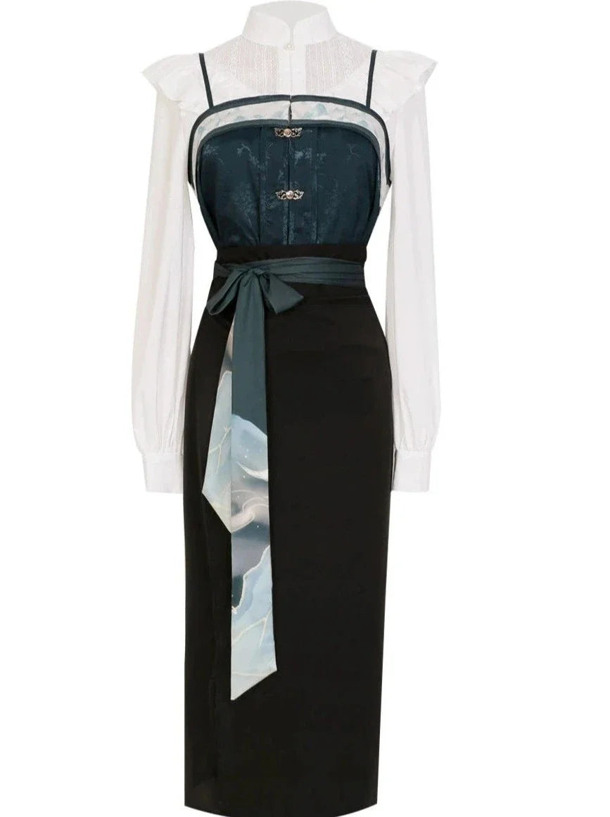 China Suspenders Blouse Green Dark + Skirt + Scarf