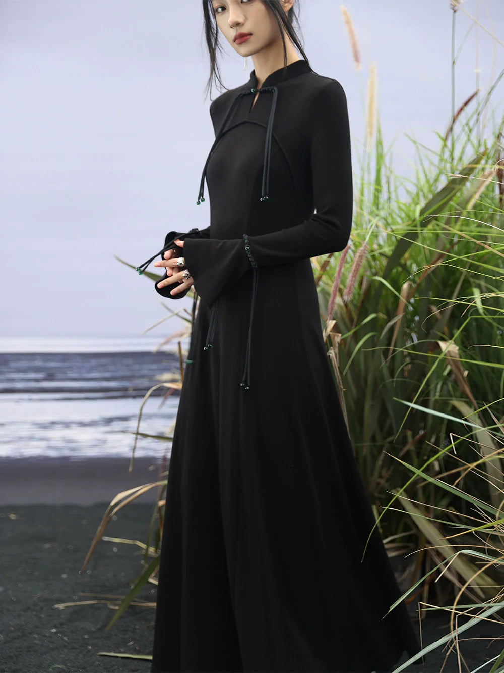 Bell Knit Retro Sleeve Dress China Buckle Long