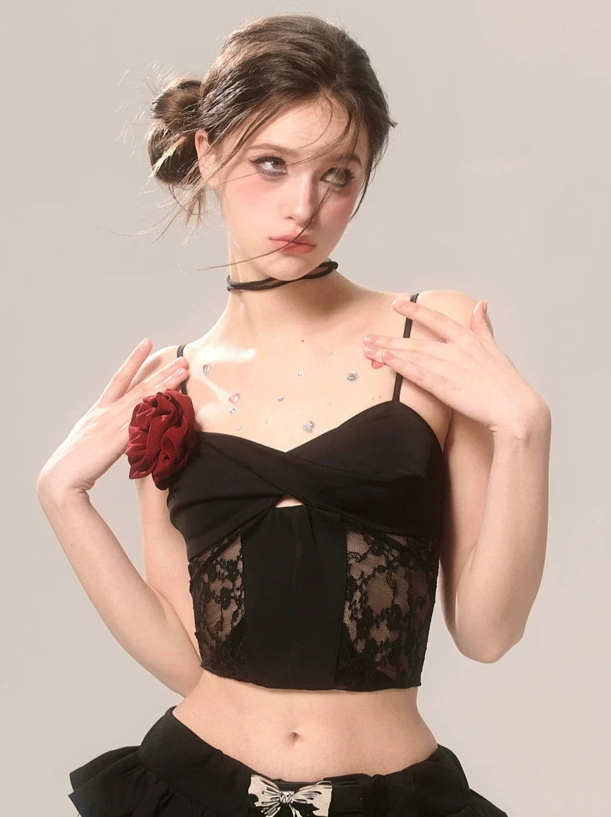 Rose French Short Top Lace Black Suspender