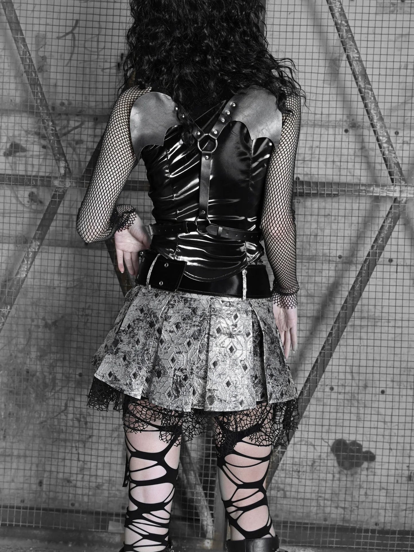 Mesh Top Punk Slim Gothic Wing PU Sheer Liquid