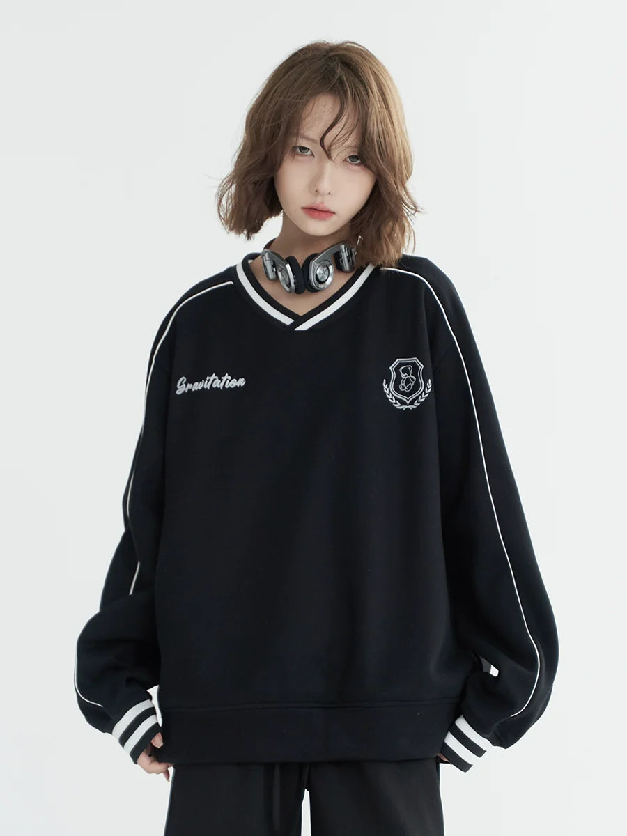 V-Ausschnitt Casual Top Beflockt Locker Sportlich