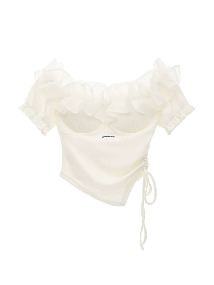 Haut en dentelle, épaules en tulle, haut fleuri, tricot