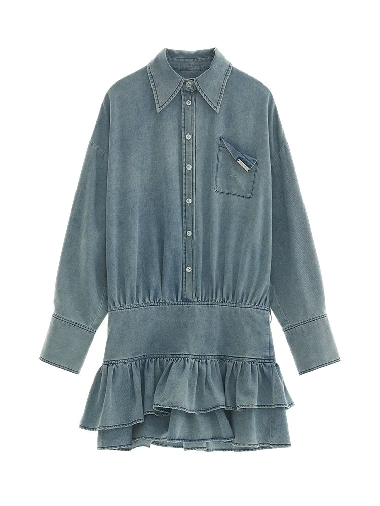 Ruffle Denim Shirt Flared Retro Dress