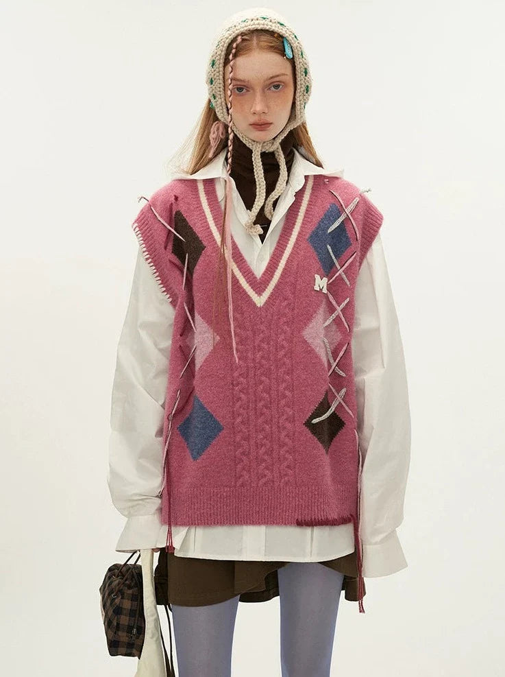 Gilet à lacets en maille argyle