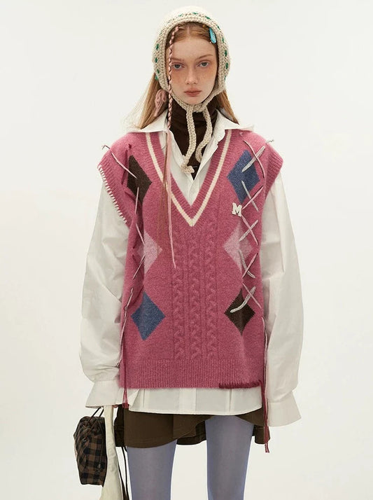 レースアップアーガイルオーバーニットベスト