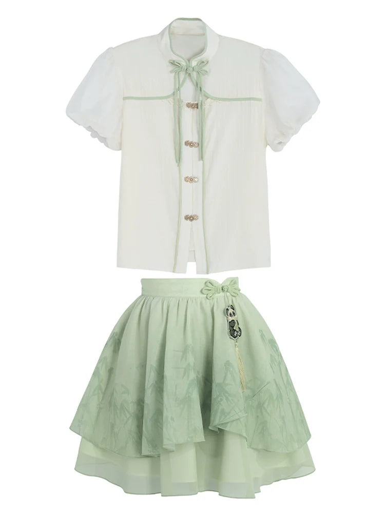 Ensemble chemise et jupe à manches longues Panda Kung Fu menthe + mousseline