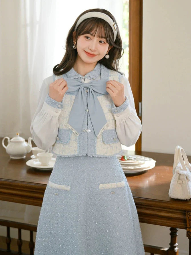 Jupe à ruban Gilet en tweed Parfum de tweed Chemise de costume bleue