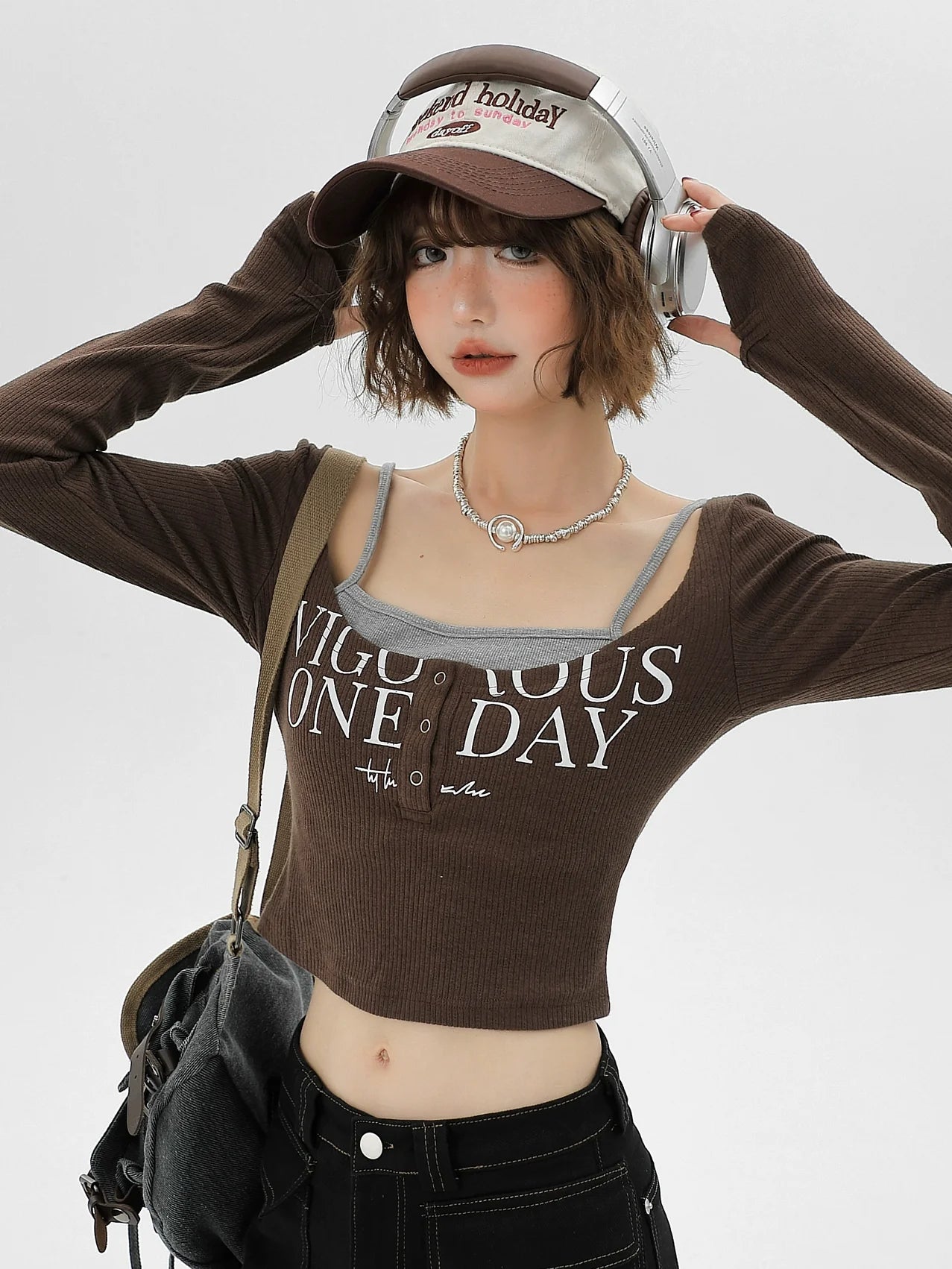Two Short Faux Square Slim Piece Top Neck