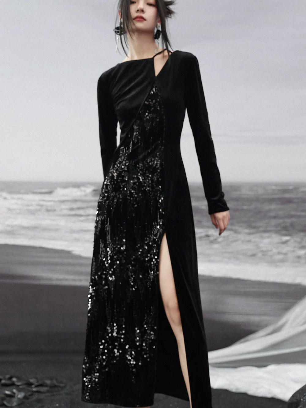 Dress Niche Slit Glitter Design Velvet