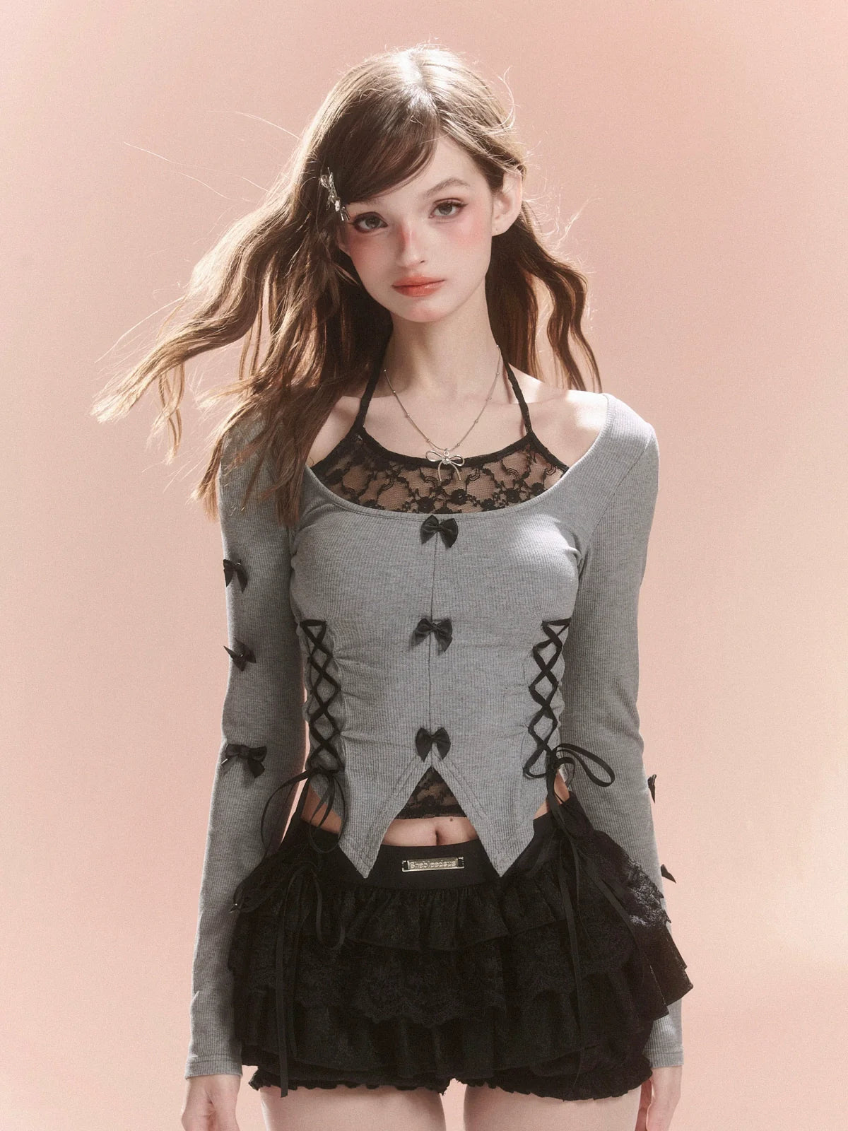 Lace-Up Slit Side Ribbon Top