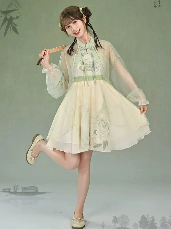 Robe caraco en mousseline de soie chinoise, veste transparente à fleurs