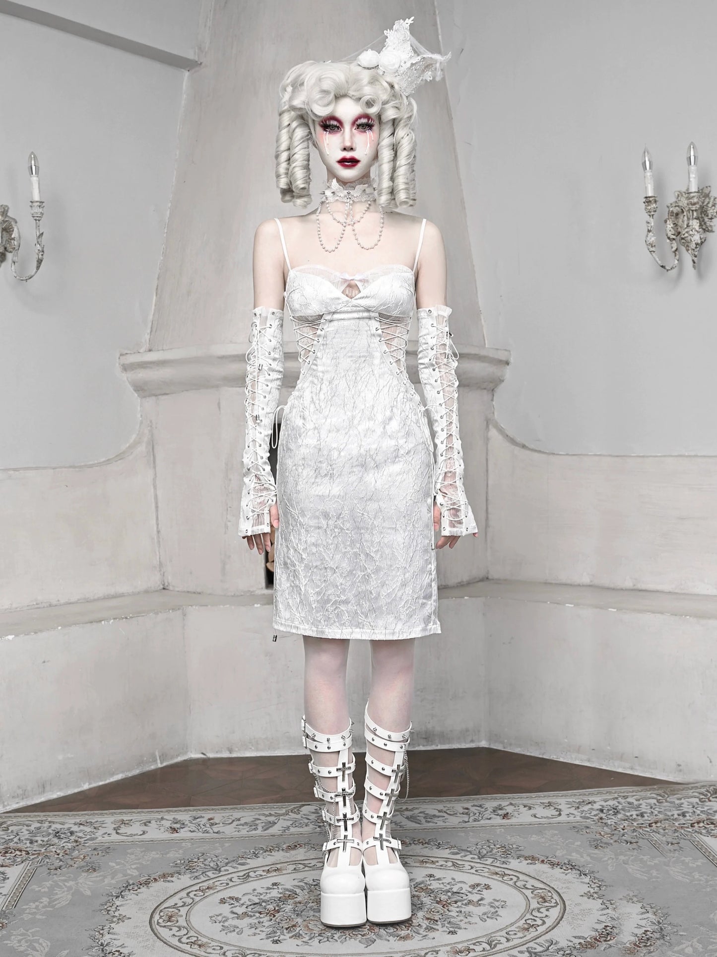 White Strap Sleeping Slim Jacquard Dark Alice Gothic Dress Suspender