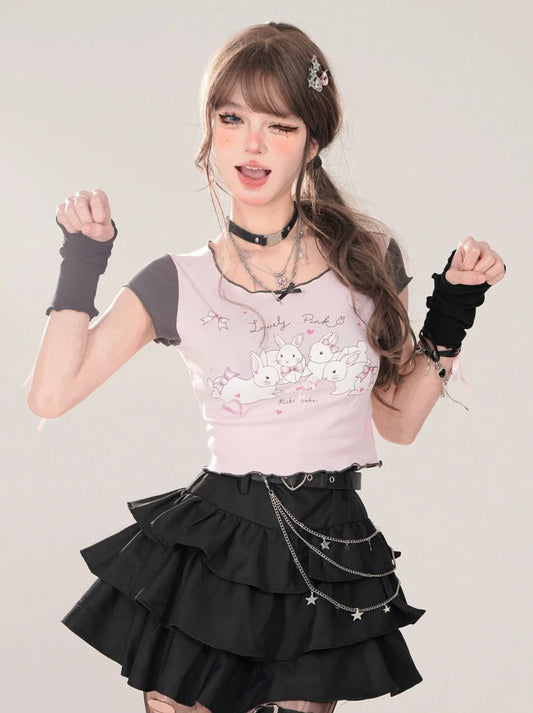 Short T-Shirt Cute U-Neck Ruffle Print Rabbit