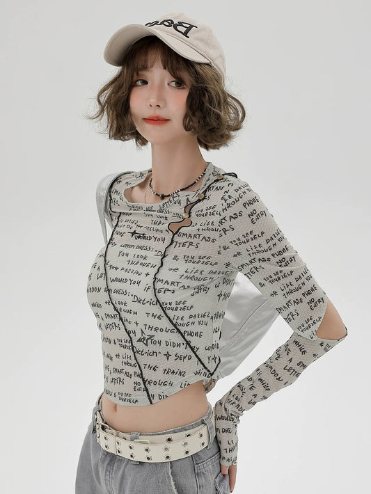 Sleeve Split Short Print Slim Top Letter