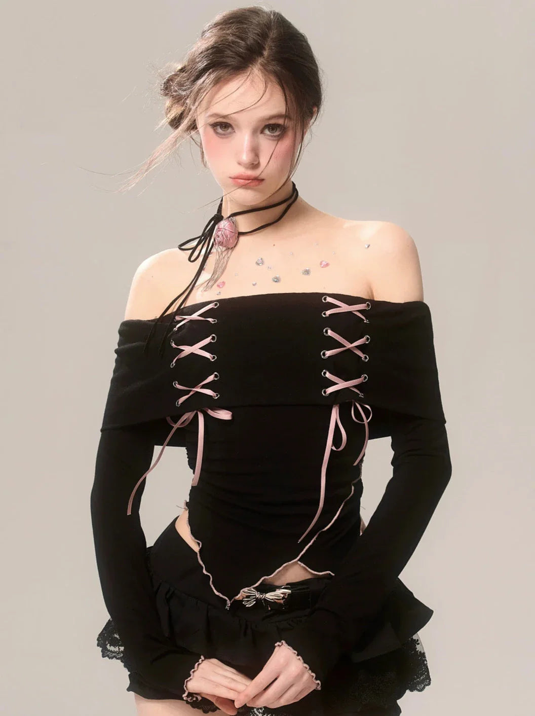 Strap Top Ribbon Off-the-shoulder Ruffle High-end