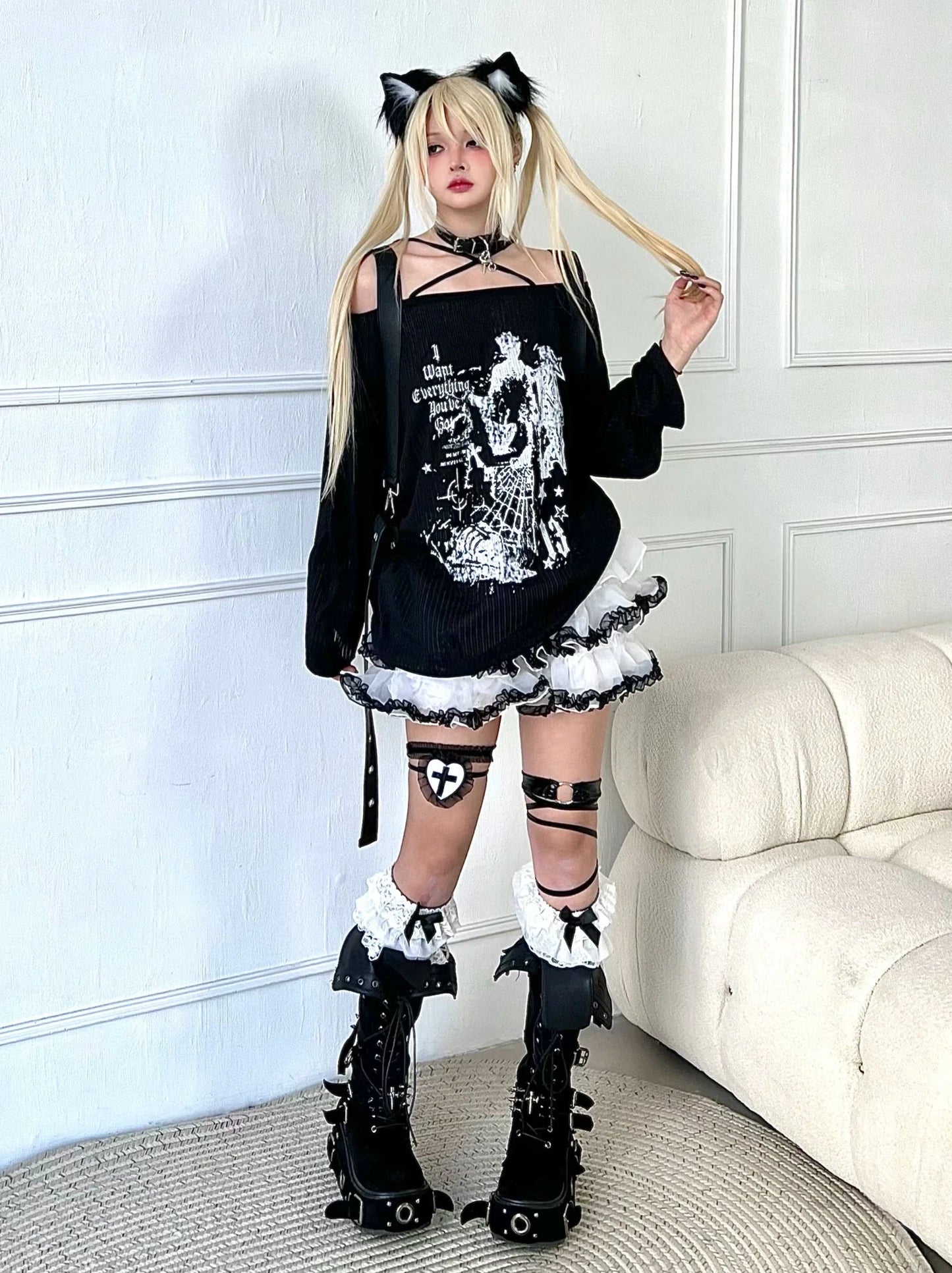 Anime Subculture Slim T Off-Shoulder Print Long Top