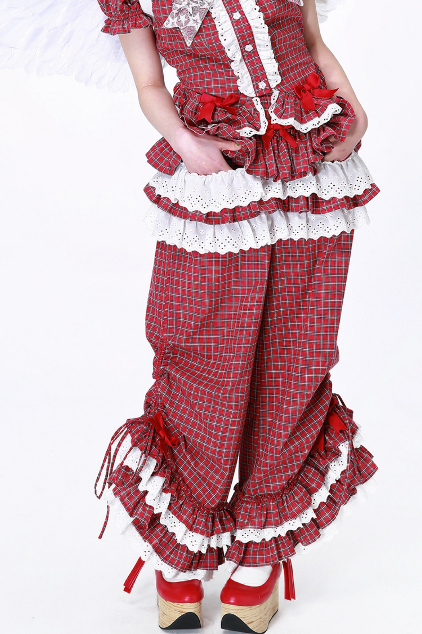 Check Lace Ruffle Retro Long Pants