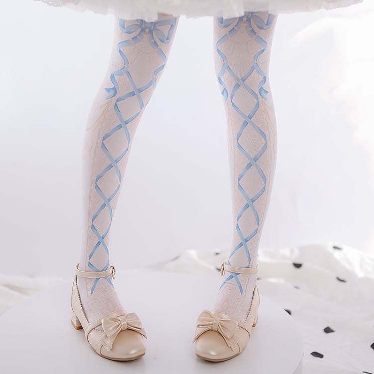 Rosa/blaue süße Lolita-Strumpfhose mit Schleifenmuster