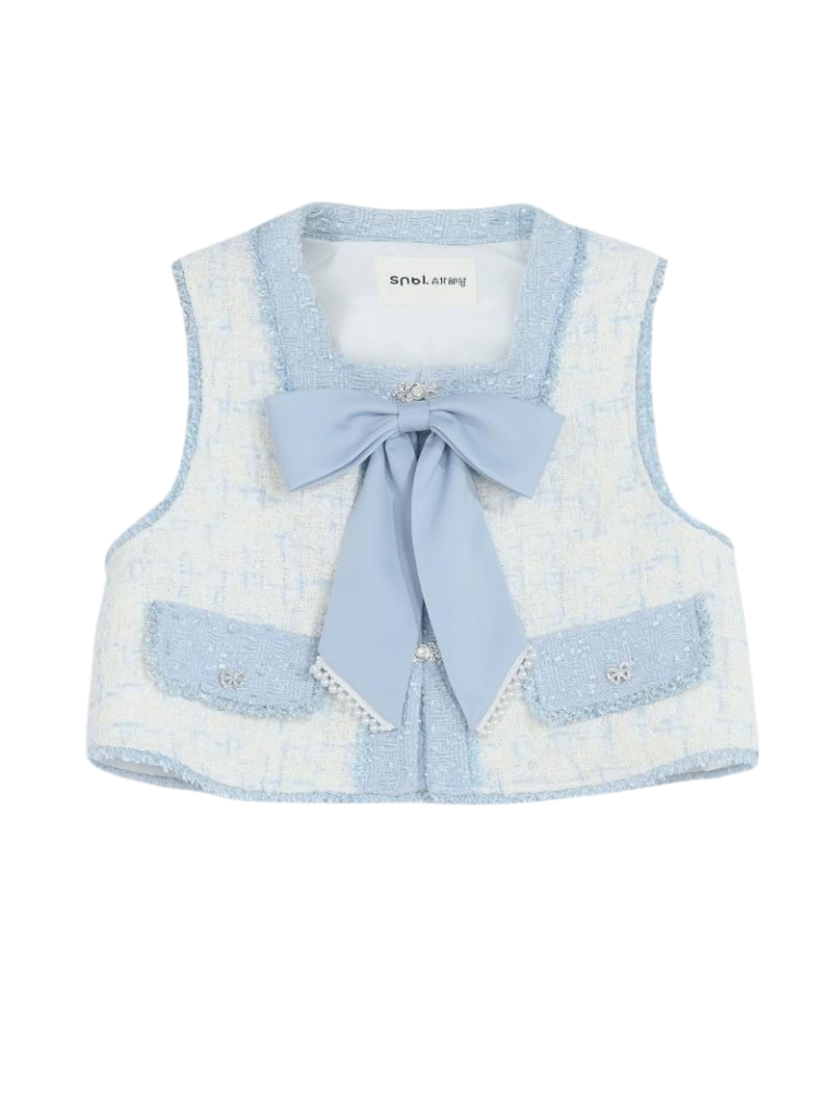 Jupe à ruban Gilet en tweed Parfum de tweed Chemise de costume bleue