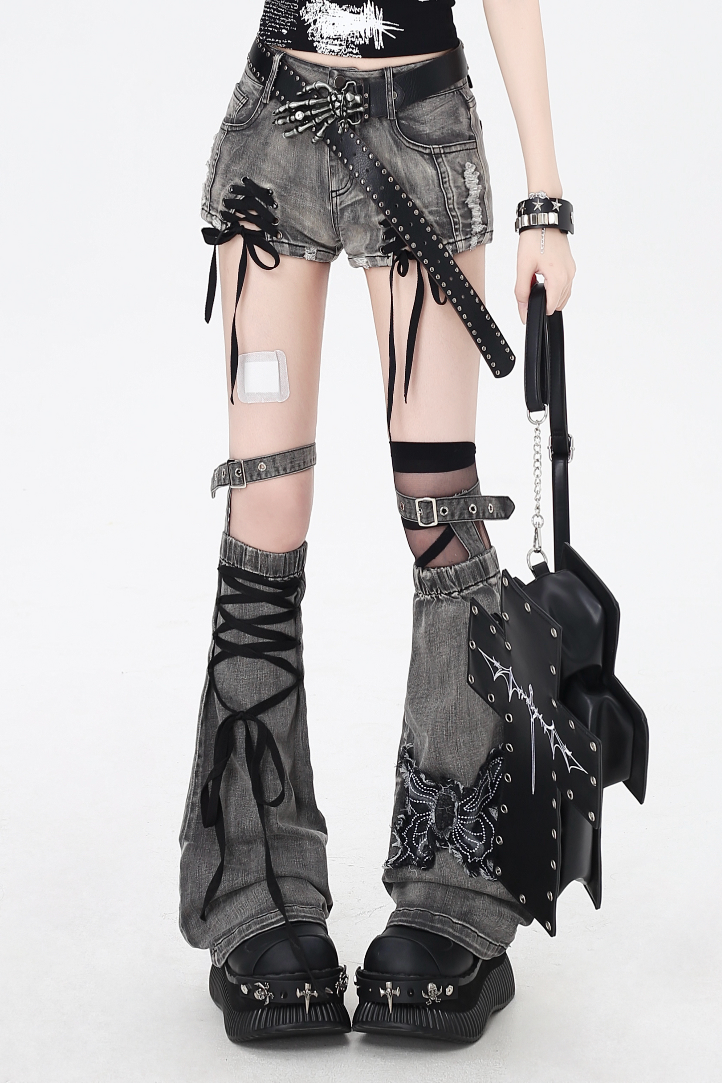 shorts Colored ribbon denim lace-up