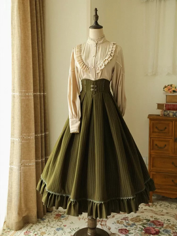 Dark Green Skirt Striped Classic High Vibes Historical Pattern Waist