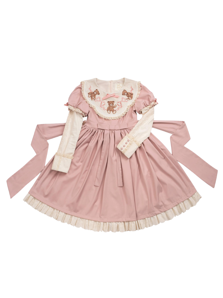 ロリータテディベアフラップレースパフスリーブリボンデレス