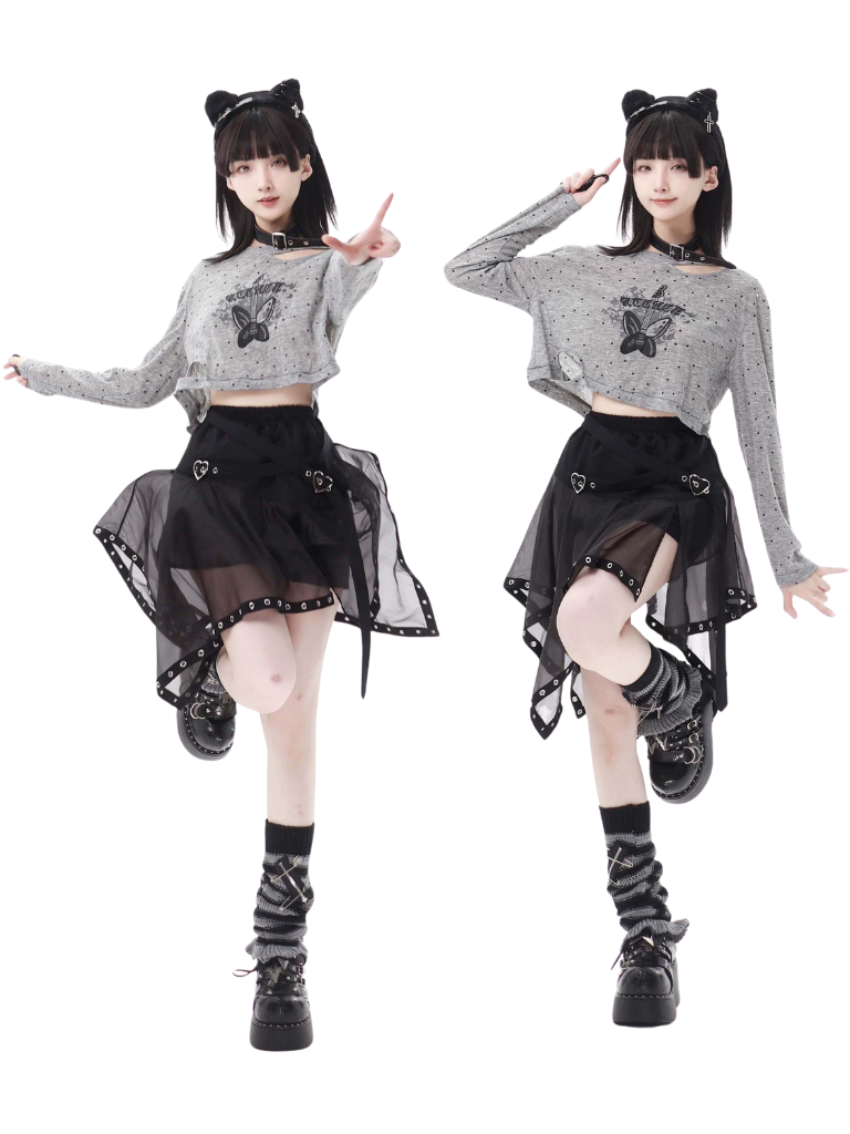 Drucken Sommer Kurzen Rock Unregelmäßigen Pullover Punk Hyde Tüll